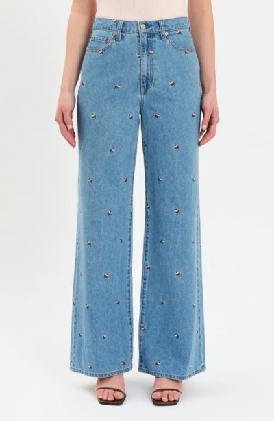 Daze Farout Floral Embroidered Wide Leg Jeans In Blue