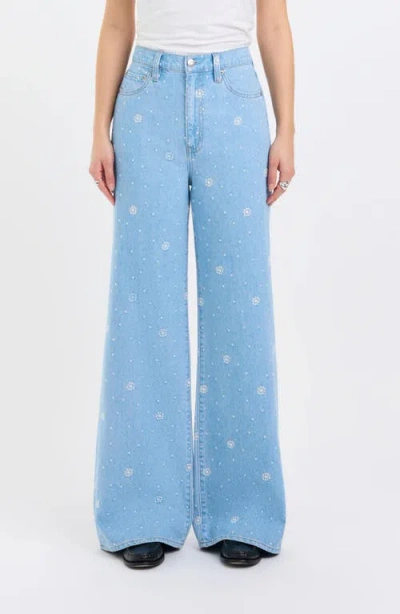 Daze Farout Floral Embroidered Wide Leg Jeans In Blue