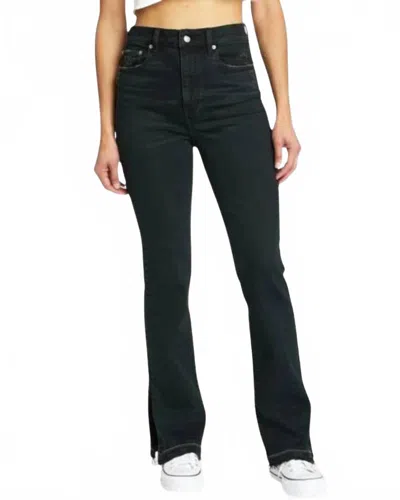 Daze Go-getter Hi-rise Side Slit Flare Denim Jeans In Late Text In Green