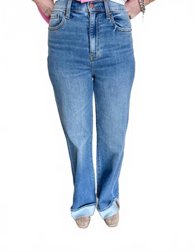 Daze Kai High Rise Wide Leg Cuff Jeans In Med Wash In Blue