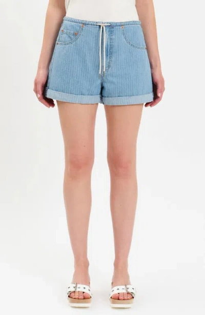 Daze Maddie Stripe Tie Waist Denim Shorts In Blue
