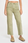 Daze Pleaser Distressed High Waist Raw Hem Crop Jeans In Matcha
