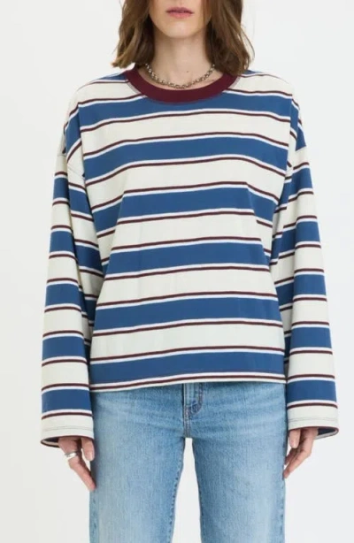 Daze Salinas Stripe Cotton Blend Long Sleeve Top In Blue