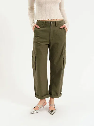Daze Squad Curved Leg Cargo Pants In Bronze Green Embellished In Multi