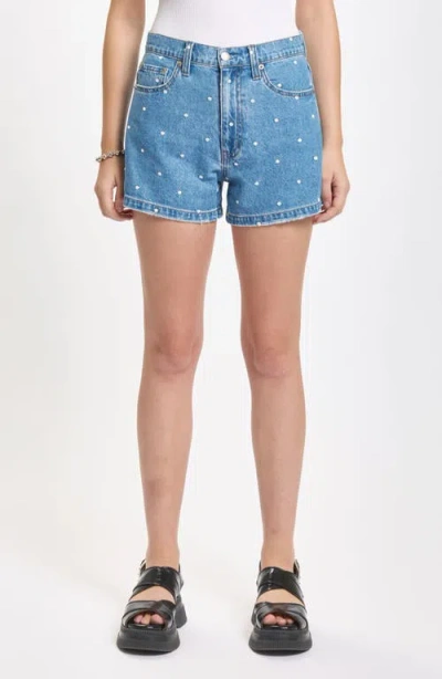 Daze The Knockout Polka Dot High Waist Denim Shorts In Blue