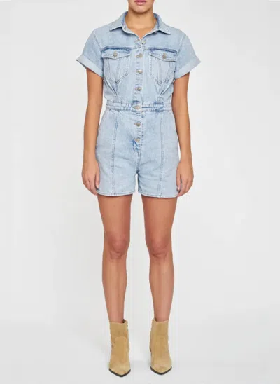 Daze Topanga Short Sleeve Organic Cotton Romper In Light Wash In Blue