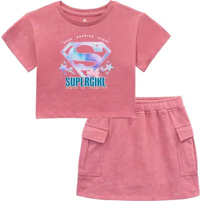Dc Comics Kids'  Justice League Supergirl Cropped 2-piece T-shirt And Wash Skort Set In Supergirl Pink Wash