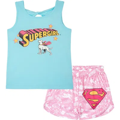 Dc Comics Kids'  Justice League Supergirl Tank Top And Shorts Set In Krypto Blue Pink