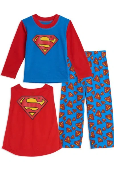 Dc Comics Kids'  Justice League Superman 3 Piece Pajama Shirt Pants And Cape Set In Multi