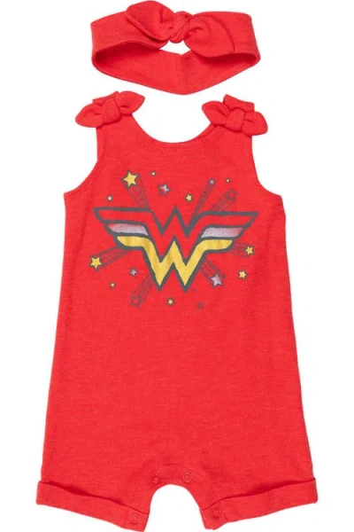 Dc Comics Kids'  Justice League Wonder Woman Sleeveless Romper And Headband Set In Red