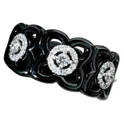 Pre-owned De Beers Black Ceramic 18k White Gold Diamond Lotus Ring Size 57
