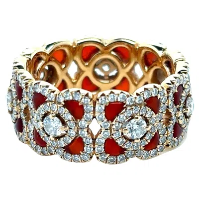 Pre-owned De Beers Rose Gold Carnelian And Diamond Enchanted Lotus Eternity Ring In Red
