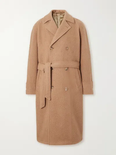 De Bonne Facture Belted Double-breasted Brushed Wool And Camel Hair-blend Coat In Neutral