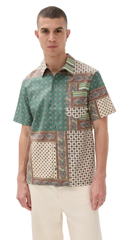 De Bonne Facture Camp Collar Shirt Provencal Patchwork Print In Green