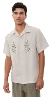 De Bonne Facture Embroidered Camp Collar Short Sleeve Shirt Undyed Flax Olive Branch In White