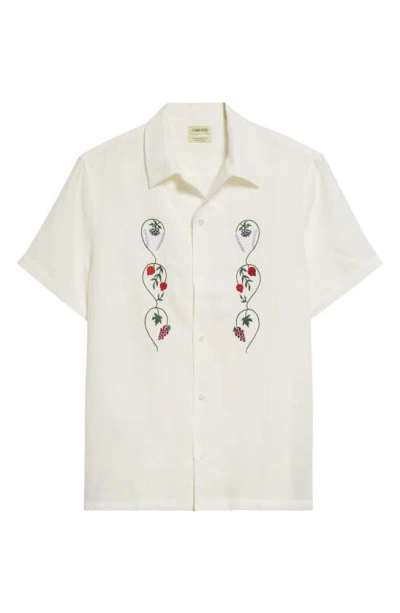 De Bonne Facture Embroidered Linen Camp Shirt In Garden Of Eden White