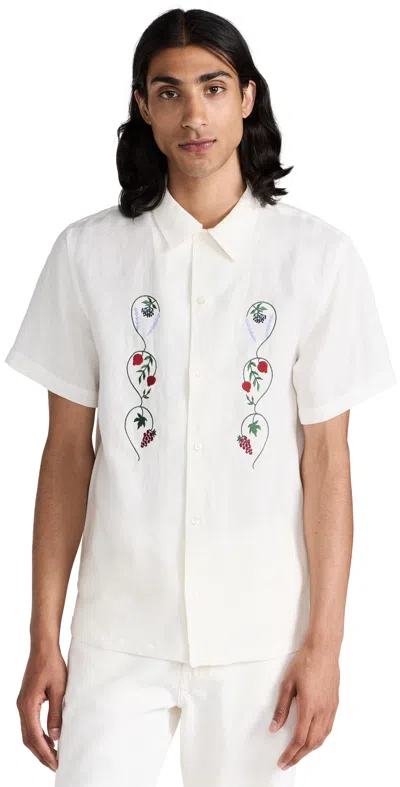 De Bonne Facture Linen Embroidered Camp Collar Short Sleeve Shirt Off White