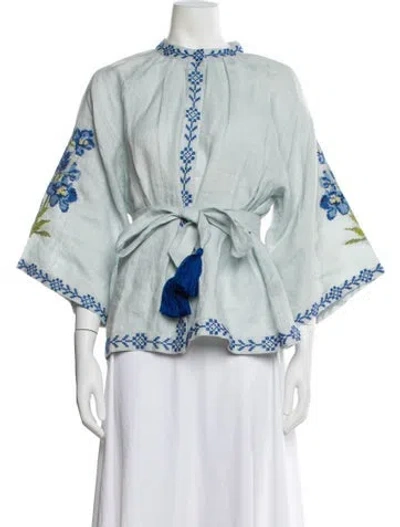 Pre-owned De Castro Linen Floral Print Blouse In Blue