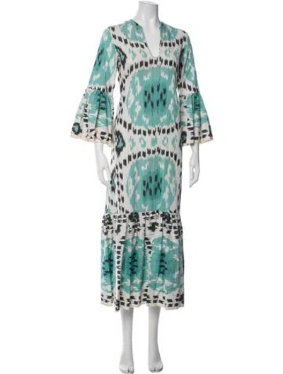 Pre-owned De Castro Printed Long Dress In Green