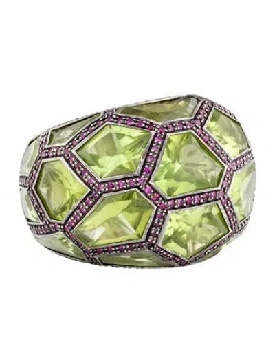 Pre-owned De Grisogono 18k Peridot & Ruby Dome Band Ring In Multi