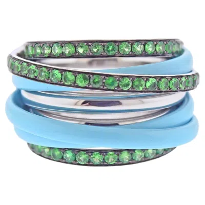 Pre-owned De Grisogono 18k White Gold Light Blue Ceramic Tsavorite Allegra Ring