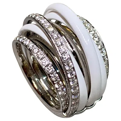 Pre-owned De Grisogono Allegra 18k White Gold Ceramic Diamond Spiral Cocktail Ring Sz 6.5