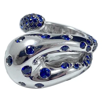 Pre-owned De Grisogono Blue Sapphire Pave Flush Serpent Snake Cocktail Ring White Gold