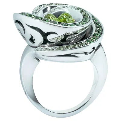 Pre-owned De Grisogono Chiocciola 18k White Gold Emerald Tsavorite Peridot Diamond Ring