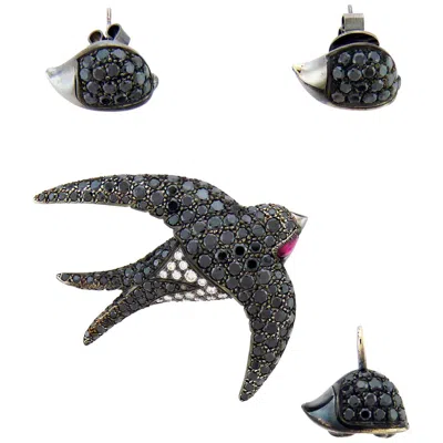 Pre-owned De Grisogono Diamond 18 Karat Black Rhodium Gold Earrings Brooch Pendent Set