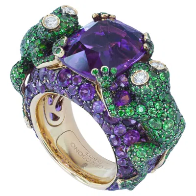 Pre-owned De Grisogono Frog Ring Amethyst Tsavorite Diamond 18k Rose Gold In Red