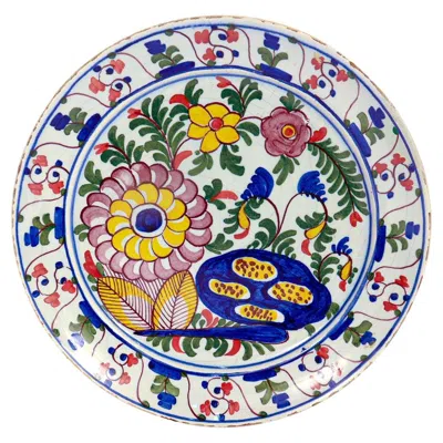 Pre-owned De Klaauw Antique 18th Century  Dutch Delft Pottery Floral Plate In Sand