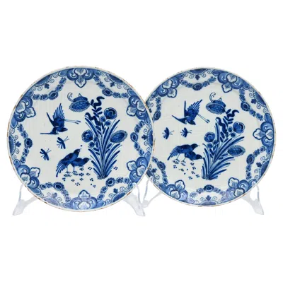 Pre-owned De Klaauw Antique 18th Century Delftware Plates By Johannes Van Lockhorst, Chinoiserie In Gray