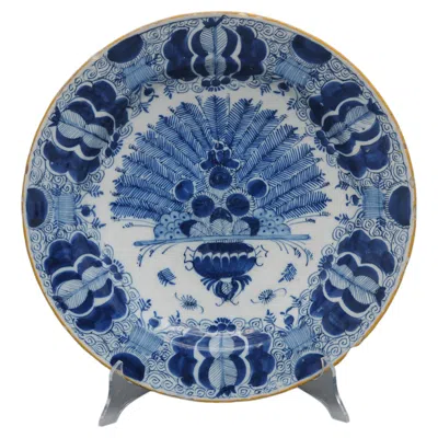Pre-owned De Klaauw Delft Blue And White 'peacock' Platter (12inch) By , Late 18th Century