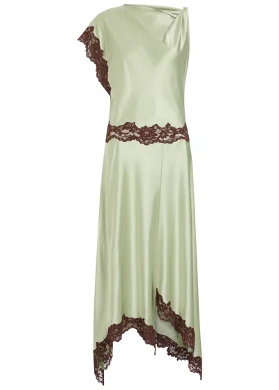 De La Vali Adriana Asymmetric Satin Midi Dress In Green