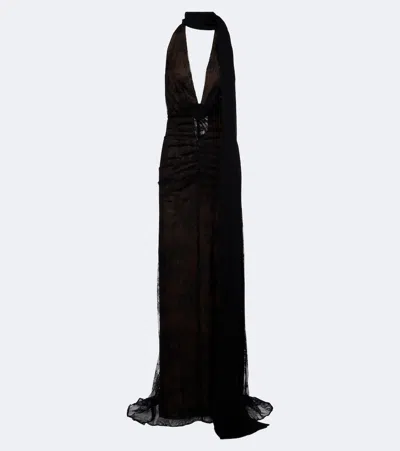 De La Vali Amora Gathered Open-back Lace Tulle Gown In Black