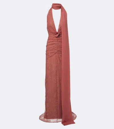 De La Vali Amora Ruched Scarf-detail Lace Maxi Dress In Pink