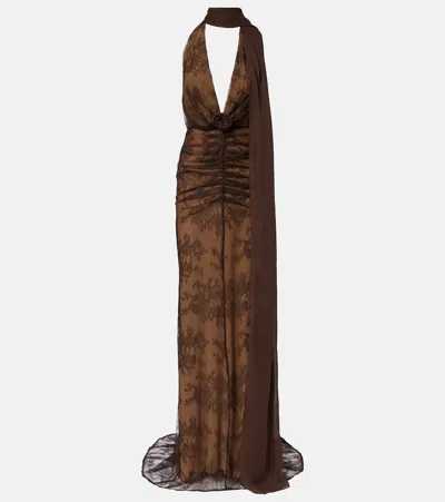 De La Vali Amora Scarf-detail Ruched Lace Maxi Dress In Brown