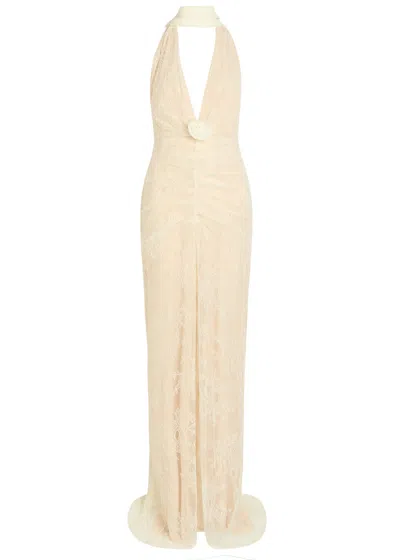De La Vali Amora Scarf-effect Lace Gown In Neutral
