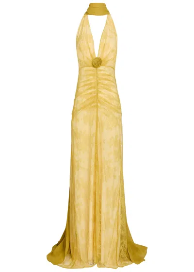De La Vali Amora Scarf-effect Lace Gown In Yellow