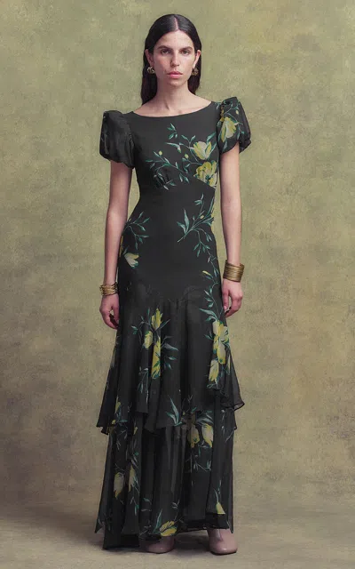 De La Vali Anetta Tiered Chiffon Midi Dress In Black