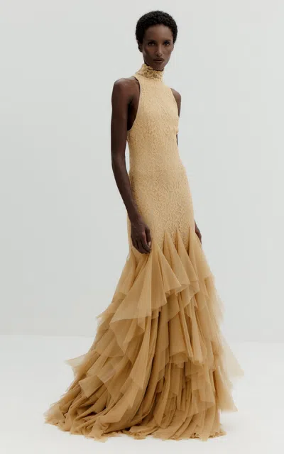 De La Vali Angelite High-neck Tulle Maxi Dress In Gold