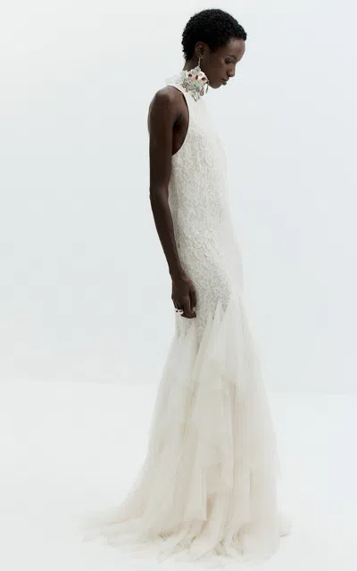 De La Vali Angelite High-neck Tulle Maxi Dress In Ivory