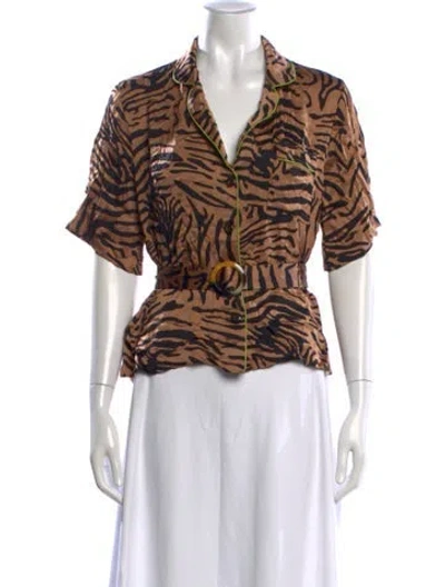 Pre-owned De La Vali Animal Print V-neck Blouse In Neutral