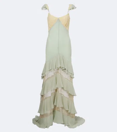 De La Vali Auralite Lace-paneled Tiered Gown In Green