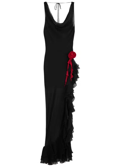 De La Vali Azura Ruffled Sheer Silk-chiffon Maxi Dress In Black