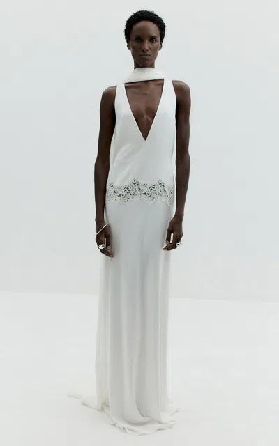 De La Vali Azurite Halter Neck Lace Maxi Dress In Ivory
