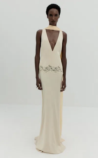 De La Vali Azurite Halter Neck Lace Maxi Dress In Yellow