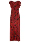 De La Vali Bougainvillea Printed Chiffon Maxi Dress In Red