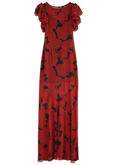 De La Vali Bougainvillea Printed Chiffon Maxi Dress In Red