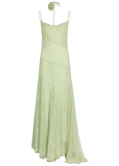 De La Vali Calima Asymmetric Lace Maxi Dress In Green